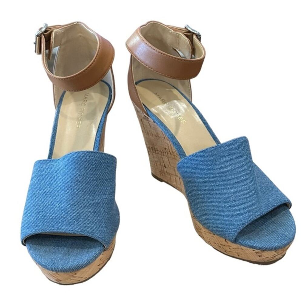 Marc Fisher cork wedges medium blue denim and leather‎ uppers, size 8 - Picture 2 of 9
